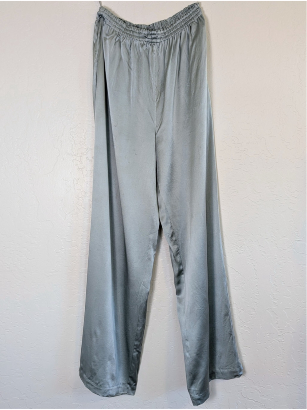 Tesori 100% Silk Wide Leg Pants Sage Green Elastic Waist Minimalist Lounge S - Picture 2 of 9